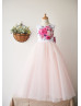 Printed Satin Blush Pink Tulle V Back Ankle Length Flower Girl Dress 